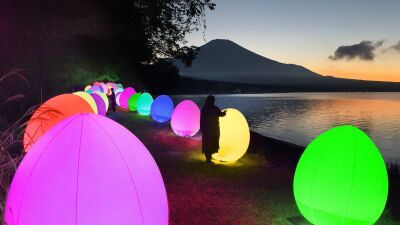 【チームラボ】山梨・山中湖畔で期間限定の光のアート展「チームラボ 山中湖 呼応する生命とお絵かき水族館」をオープン。紅葉まつりと同時開催、11月13日まで