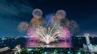 音楽に合わせておよそ13,000発の花火を打ち上げる『名港水上芸術花火』2025年5月31日 (土) 名古屋港ガーデンふ頭にて2年ぶりに開催