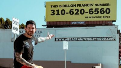Dillon Francis、ハリウッドでDiploに看板広告で電話番号を晒され、なぜかご満悦の様子