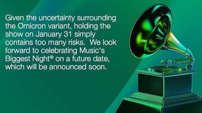オミクロン株急増に伴い、アメリカで1月31日開催予定の「第64回・2022年度グラミー賞・授賞式」が無期限延期に