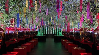 【アートアクアリウム美術館 GINZA】　夏の風物詩「金魚」と「七夕」の象徴である笹に飾られた短冊を華やかなライティングで演出する、幻想的でロマンティックな七夕特別演出が期間限定公開！
