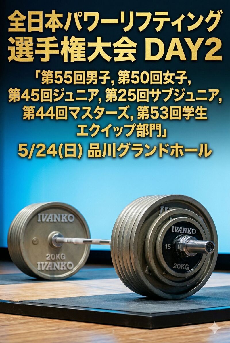 【2日目】全日本パワーリフティング選手権大会 「第55回男⼦,第50回⼥⼦,第45回ジュニア, 第25回サブジュニア,第44回マスターズ, 第53回学生 エクイップ部門 」